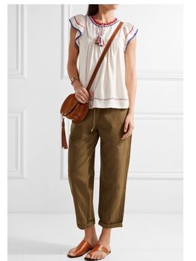 Ulla Johnson Raw Silk Flutter Sleeve Crochet Trim Smocking KATYA Blouse, 6